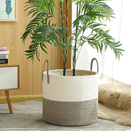 Kakamay Large Blanket Basket (18"X18"X16"),Woven Baby Laundry Hamper For Storage, Cotton Rope Blankets Baskets For Nursery, Laundry, Living Room, Pillows, Baby Toy Chest With Handles (White/Beige) #TOP1