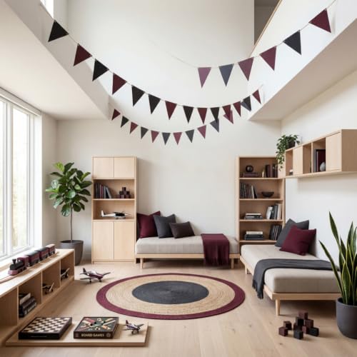 Image of MOWO Burgundy Black Pennant Banner Paper Bunting, Pack of 30, 20 feet