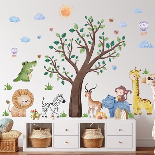 Image of Suplanet Safari Jungle Animals Wall Decals Tree Wall Stickers Lion Giraffe Hippo Monkey Crocodile Deer Zebra Bird Hot Air Balloon Wall Decor for Boys Bedroom Baby Nursery Kids Bedroom Living Room