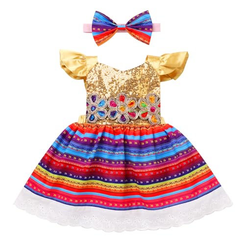 Baby Girls Mexican Dress Sequins Glitters Colorful Flower Flutter Sleeve Ruffle Dresses and Headband Toddler Cinco De Mayo Fiesta Traditional Ethnic Wear Mexico Themed Outfit Gold Red 18-24 Months