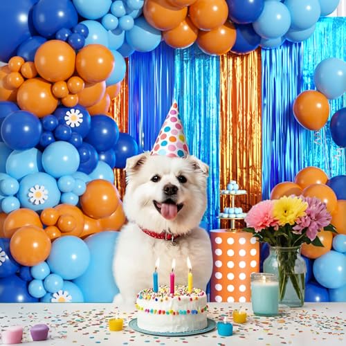 Image of Blue Orange Balloon Arch Garland Kit Birthday Party Decorations, Orange Blue and Light Blue Foil Fringe Curtains Backdrop Tinsel Streamers Banner Photo Booth Props Dog Themed Party Decor Supplies
