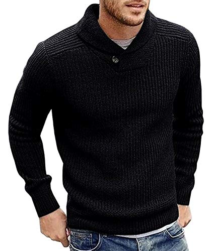 Karlywindow Mens Shawl Collar Pullover Sweater Slim Fit Long Sleeve Fall Winter Warm Knit Pullovers Black