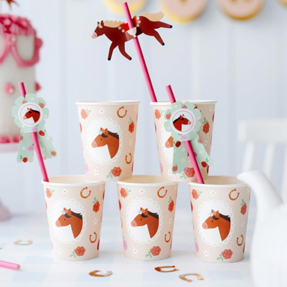 Partydeco Girls Orange 6 Pony Horse Party Paper Cups, Birthday Party, Horse Tableware, Pony Birthday Partyware, Pony Horse Cups