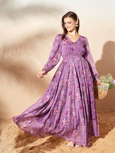 Image of Miss Chase Women's Multicolored-Base-Brown Relaxed Fit Maxi Lurex Chiffon Dress