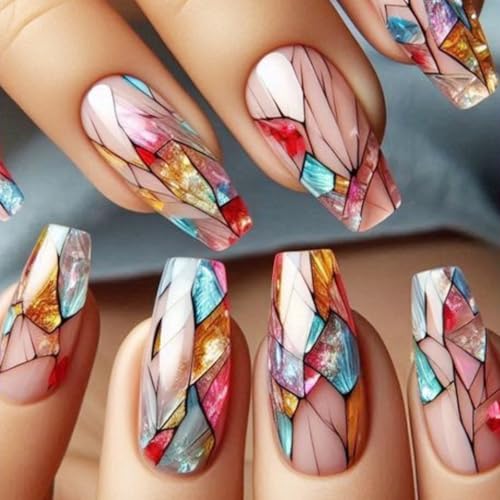 24Pcs Summer Press on Nails Coffin Shaped Acrylic False Nails Mul...