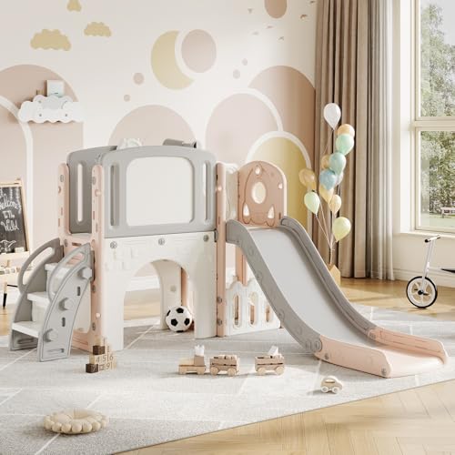 Garvee 8-in-1 Toddler Slide Indoor & Outdoor Playground Playset for Kids-Includes Climber, Basketball Hoop, Telescope, Tunnel, and Storage Space for B