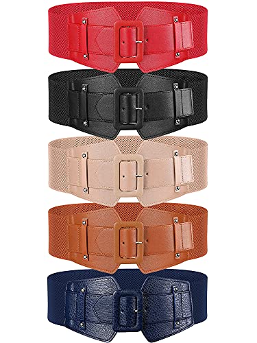 SATINIOR 5 Pieces Wide Belts for Women Dresses Wide Cinch Vintage Black Fashion Thick Stretch Leather Stretch Belts Elastic Dress Waistband Women Girls Black, Camel, Blue, Beige, Red, General Size