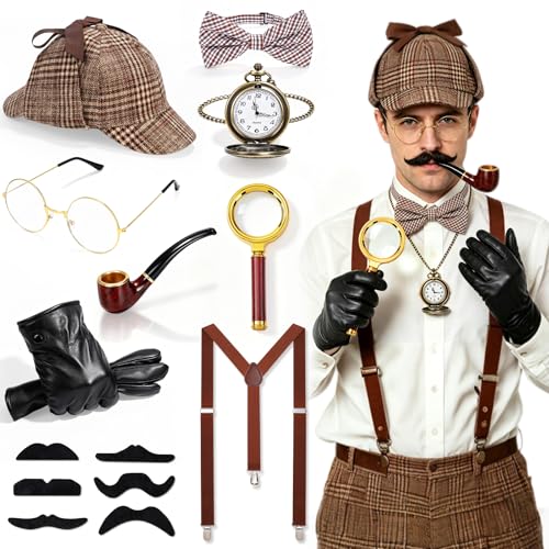 RUEGGVAT 14 PCS Adult Detective Costume Accessories Set Classic Sleuth Spy Kit with Deerstalker Hat Magnifying Glass Bow Tie Pocket Watch Mustache & Gloves for Halloween Cosplay Mystery Party