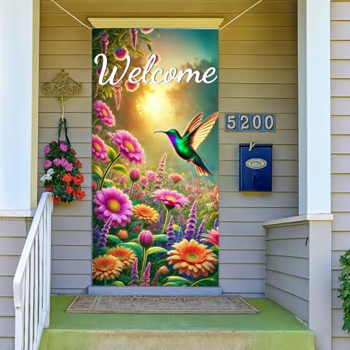 Image of Welcome Hummingbird Door Cover 35x71in Floral Garden