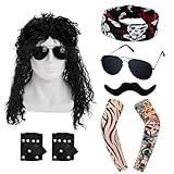 Hmxpls 80s Hair Metal Rocker Costume Set - Glam Rock Wig with Mustache, Sunglasses, Biker Gloves, Tattoo Sleeves, Bandanas, Men 80s Rocker Wig for Rocker Costume Cosplay Halloween Party