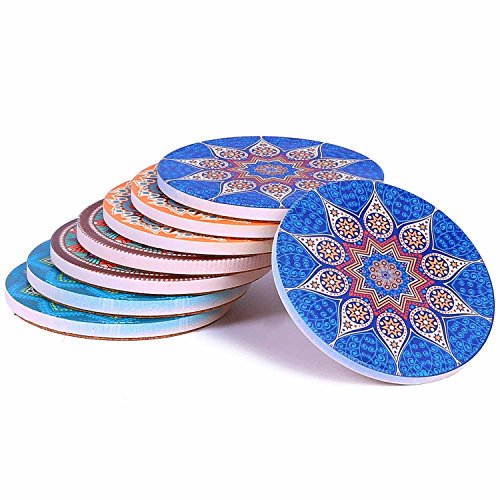 MANDALA Designs - Juego de 8 posavasos de cerámica absorbente con base de corcho, evita que los muebles se ensucien y rayen, juego de posavasos de MANDALA Designs adecuado para tipos de tazas y tazas
