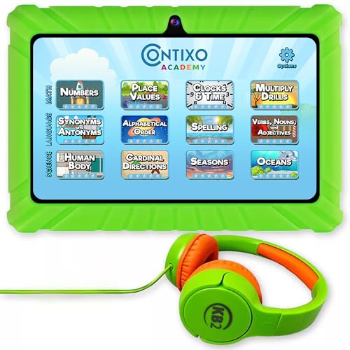 Image of Contixo Kids Tablet Bundle, 7 inch Learning Tablet with Headphones, Green | 7 inch IPS display, 32GB storage, parental controls, wired headphones, durable case, learning apps, ages 3-12.