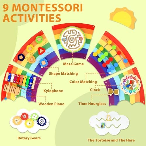 Image of 5FT Large Sunshine Rainbow Wooden Activity Wall Panel Christmas Gift Educational Montessori Toy for Toddler Kids Interactive Sensory Activity Busy Board Daycare Learning Center Toddler Room Decor
