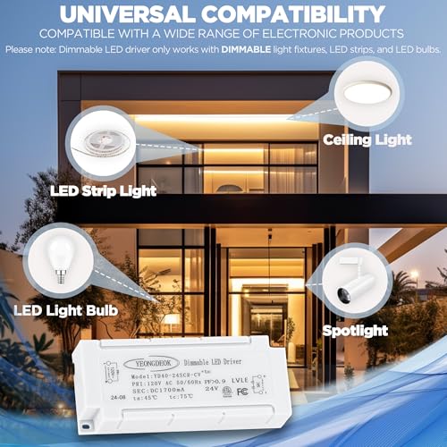 Image of LED Driver 40W, Dimmable 120V AC to 24V DC Electronic Transformer, 24V 1.7A LED Power Supply Waterproof, Compatible with Most Dimmers for Low Voltage Lighting Project