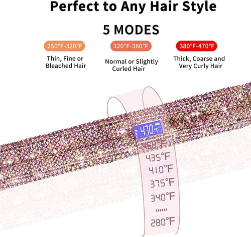 Hair Straightener Titanium Flat Iron With Gorgeous Rhinestone Bling Crystal Diamond, 2 In 1 Hair Straightener And Curler, 60 Min Auto Shut Off, Lcd Temp Display, Range From 120°F To 470°F(Rose Pink) #TOP4