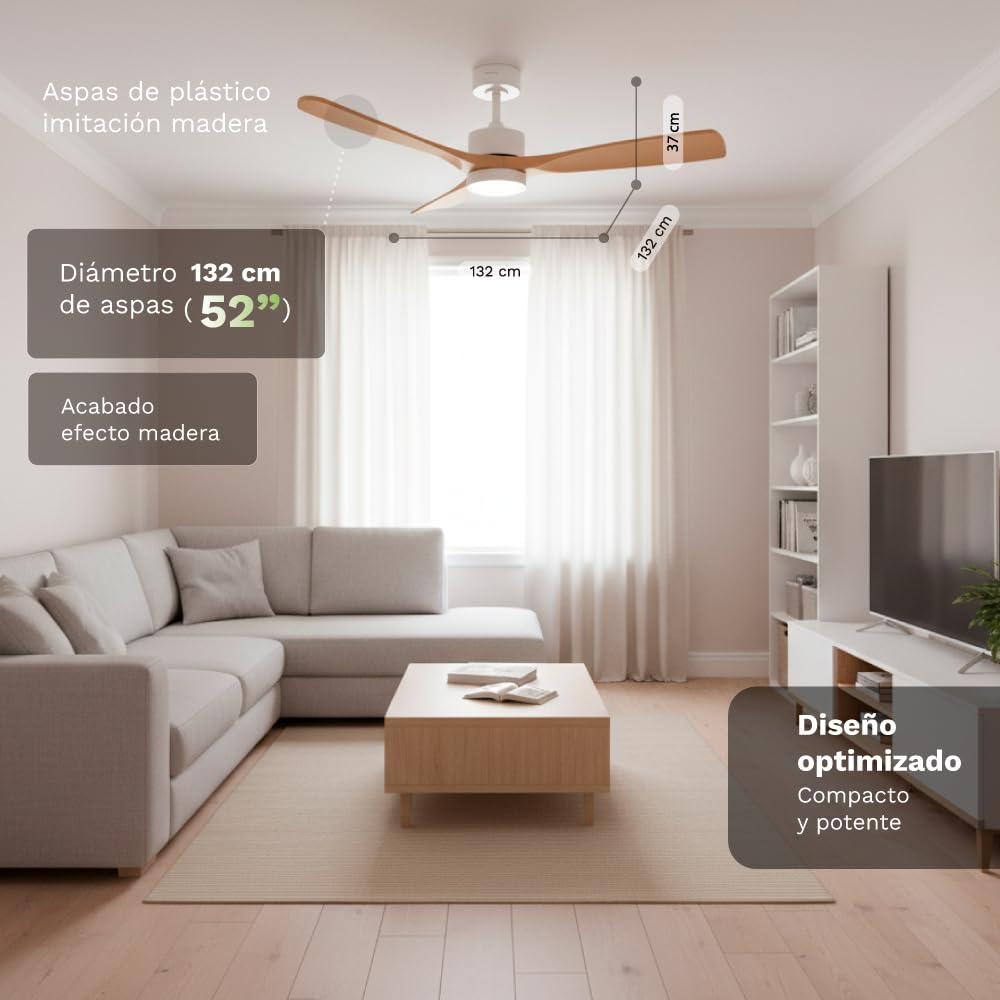 Grunkel - Ventilador de techo con luz LED. Motor DC. Mando a distancia. 6 velocidades. Temporizador 8 horas - 35W aspas imitación madera (Plástico)