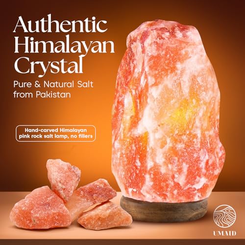 UMAID Himalayan Salt Lamp 8-10 inch (7-11 lb) with Dimmable Switch and Night Light Bulb on Handcrafted Wooden Base, Natural Pink Rock Salt Lamp