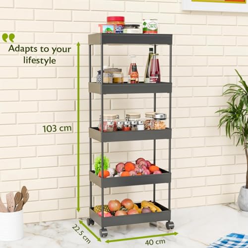 Image of TEKCOOL Plastic Storage Rack for Bedroom /Shelf for Bedroom /Bathroom Storage Rack /Trolley for Kitchen Storage /Multipurpose Storage Rack (Black, 5 Layer)