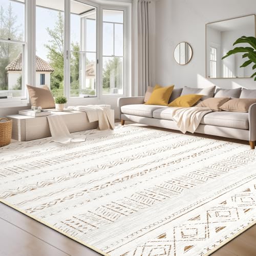 Image of cotiled 6x9 Area Rug Living Room: Washable Boho Rugs with Non Slip Backing Large Soft Indoor Stain Resistant Carpet for Bedroom Farmhouse Dining Room Lightweight Home Decor L Brown/Cream