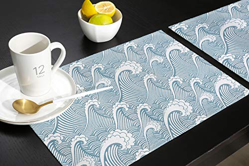 Set Of 4 Placemats Heat-Resistant For Dining Table Linen Table Mats Sea Wave Rectangle Pad Placemat 13 X 19 Inch - Japanese Illustration Ocean Decor #TOP3
