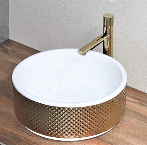 InArt Round Ceramic Vessel Sink, Vanity Sink, Bathroom Sinks Above counter, Countertop Sink, Art Basin Wash Basin for Lavatory Bathroom Sinks Vanity Cabinet Gold Color 16 x 16 x 6.5 Inch