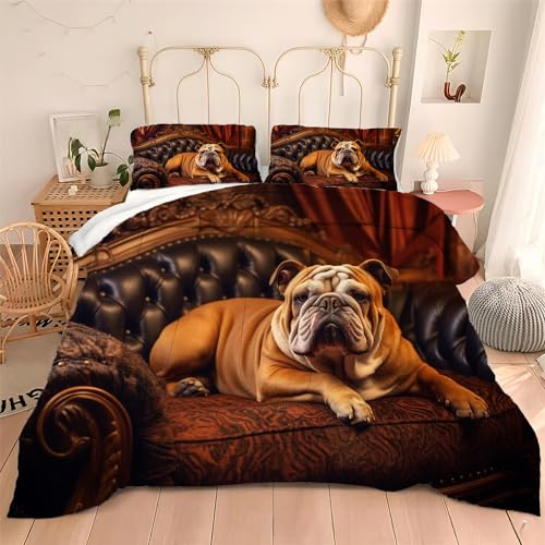 Albideyaa Brown France Bulldog Laying on Sofa 3D Print Comforter Set King Size Bulldog Animal Pattern Kids Adult Bedroom Bedding Duvet Set for Boys Girls Teens Soft Quilt Set with 2Pillowcases