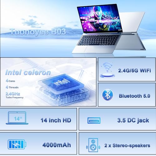 Image of 14 Inch Laptop Computer, 16GB DDR4 RAM, 512GB SSD Compatible with Windows 11 Laptop, Quad Core Processor(up to 2.8GHz), FHD 1920 x 1080 Display, Webcam, Wi-Fi, BT5.2, HDMI, USB, Silver