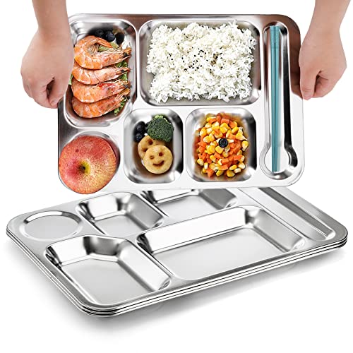 Fasmov 4 Pack Stainless Steel Rectangular Divided Dinner Tray, 6 Sections 304 Stainless Steel Metal Plate For Adults, Picky Eaters, Campers, And Portion Control #TOP3