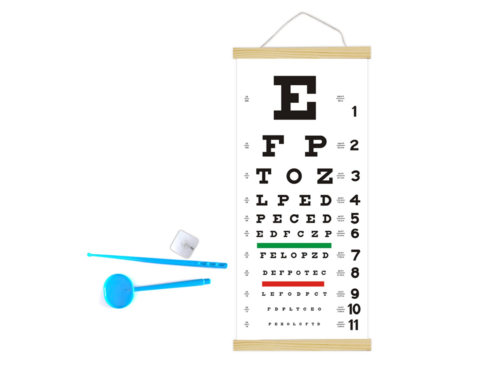 Guijinhao Snellen Eye Chart with Wooden Frame for Exams 20 Feet, 22x11 Inch Canvas Low Vision Chart with Eye Occluder and Hand Pointer Eye Chart Wall Chart for Gifts Wall Decor (C60-1)