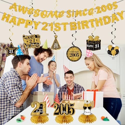 Image of Kuxriox 11Pcs 21st Birthday Decorations Kit for Men Women, Black Gold Happy 21st Birthday Banner, Awesome Since 2005 Centerpieces Swirls Party Supplies, 21 Bday Banner Ceiling Table Topper Sign
