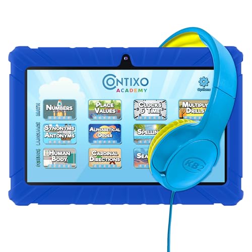 Image of Contixo 7 Kids Tablet Bundle - Learning Tablets and Headphones for Kids, Includes 14 Teacher's Approved Apps, 7-inch HD, Ages 3-7, Parental Control, Android 11, 32GB, WiFi - Dark Blue (Boys Gift)