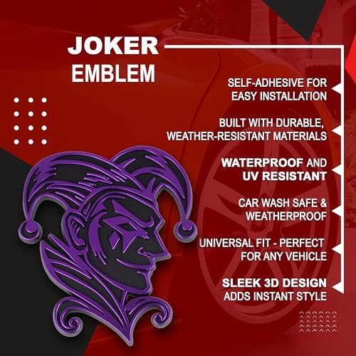 Image of Joker Emblem 3D Jester Badge - Custom Car Decal Sticker for Car, Truck, SUV - Durable Exterior Trunk, Hood, Fender (Set of 2) (Purple)