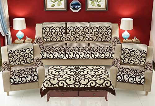 Image of SAWNA Homes 5 Seater Sofa Set with Center Table Cover for Living Comfort - 3 and 2 Seater Arm Cover Set for Home Sofa Couch - 16 Pcs Chenille Slip Cover for Furniture Protector, Coffee