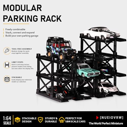 Image of 1:64 Diorama Expandable Modular Car Display Case for Hot Wheels Diecast Car, 10 Parking Space Garage, Diecast Model Cars Storage Display Rack Accessory (10 Spaces-Glossy Black)