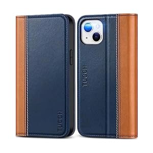 TUCCH Portemonnee hoesje voor iPhone 13, Premium PU lederen telefoonhoesje met [RFID-blokkering] [Schokbestendig TPU][Kaartslots] Standaard, Folio Flip Cover Compatibel met iPhone 13, Bruin & Blauw