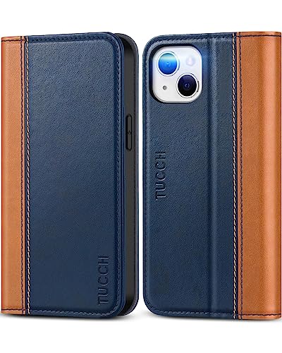 TUCCH Funda Compatible con iPhone 13, Flip Folio Carcasa Case con Tapa y Tarjetero, Protección de Cuerpo Completo, Funda Cartera Plegable Cierre Magnético para iPhone 13 5G (6.1', 2021), Marrón Azul