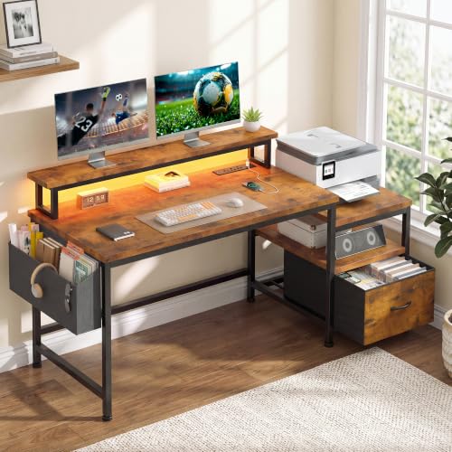Image of EnHomee 56.5 inch Office Desk with Drawers & Printer Space for Home Work,Brown | Computer Desk with 3 AC Outlets& 2 USB Ports,Waterproof LED Strip Lights,Monitor Stand & Side Pockets,Home Office,Bedroom