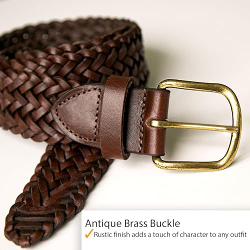 Thomas Bates Branson Hand Braided Brown Genuine Woven Leather Belt – For Men Casual Jeans or Dress Pants with Brass Buckle3