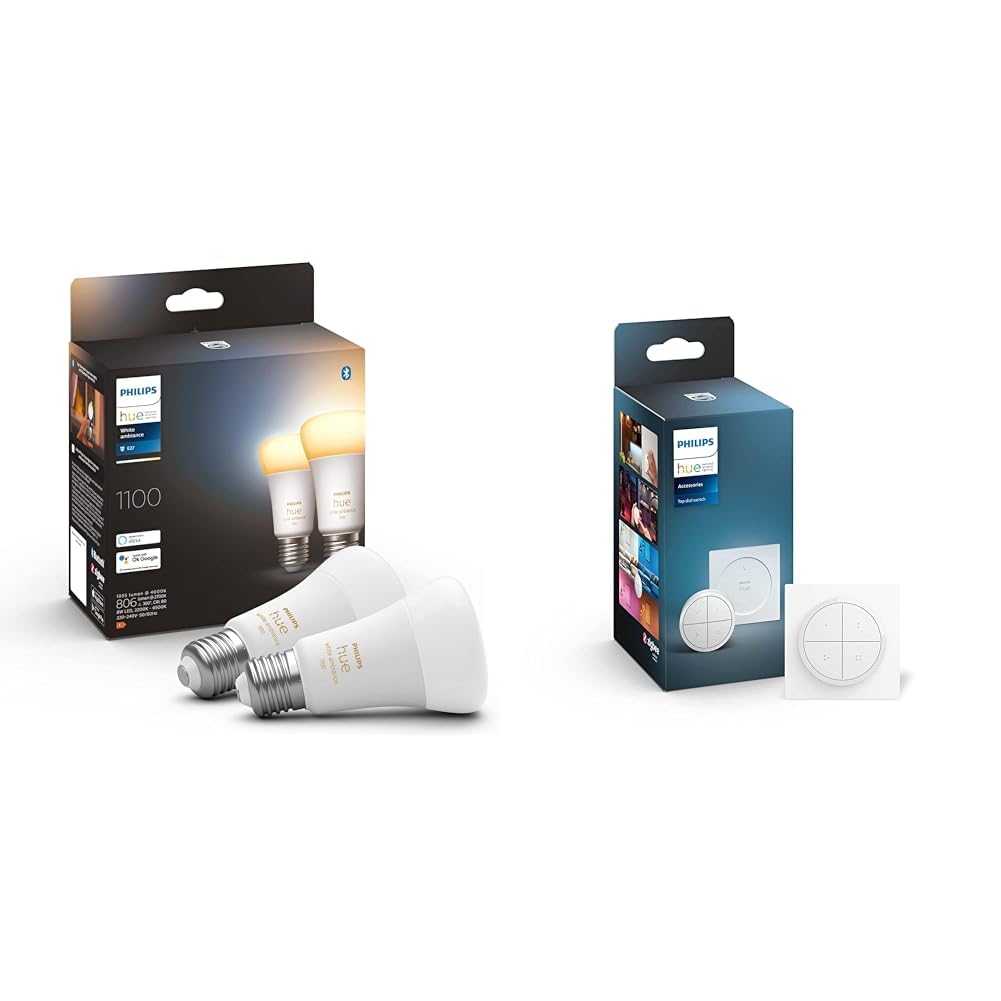 Philips Hue White Ambiance, ampoule LED connectée E27 équivalent 75W, 1100 lumen & bouton télécommande Tap Dial Switch, blanc, permet le contrôle de plusieurs pièces