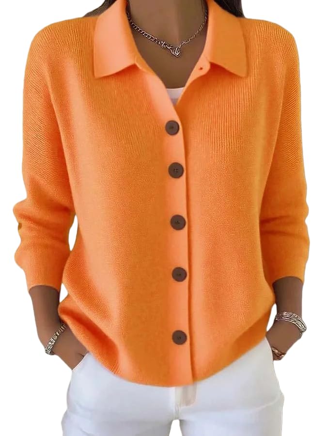 Women Collared Long Sleeve Knit Cardigan Button Trendy Lapel Down Cardigan Sweater Lightweight Relaxed Fit Casual Sweater Top