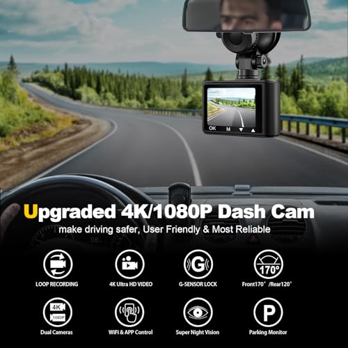 Dash Camera, 4K/1080p Dash Cam Front Rear Built-in WiFi, with 64GB SD Card, Full HD 2.0â IPS Screen Dash Camera for Cars with App Control, G-Sensor, Loop Recording, Parking Mode - Image 3