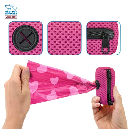 Image of Best Pet Supplies Dog Poop Bag Holder Leash Attachment with Reusable Dispenser for Travel, Walking, Park, and Outdoor Use, Durable with Clip-On - Fuchsia, Mesh Dispenser w /15 Bags