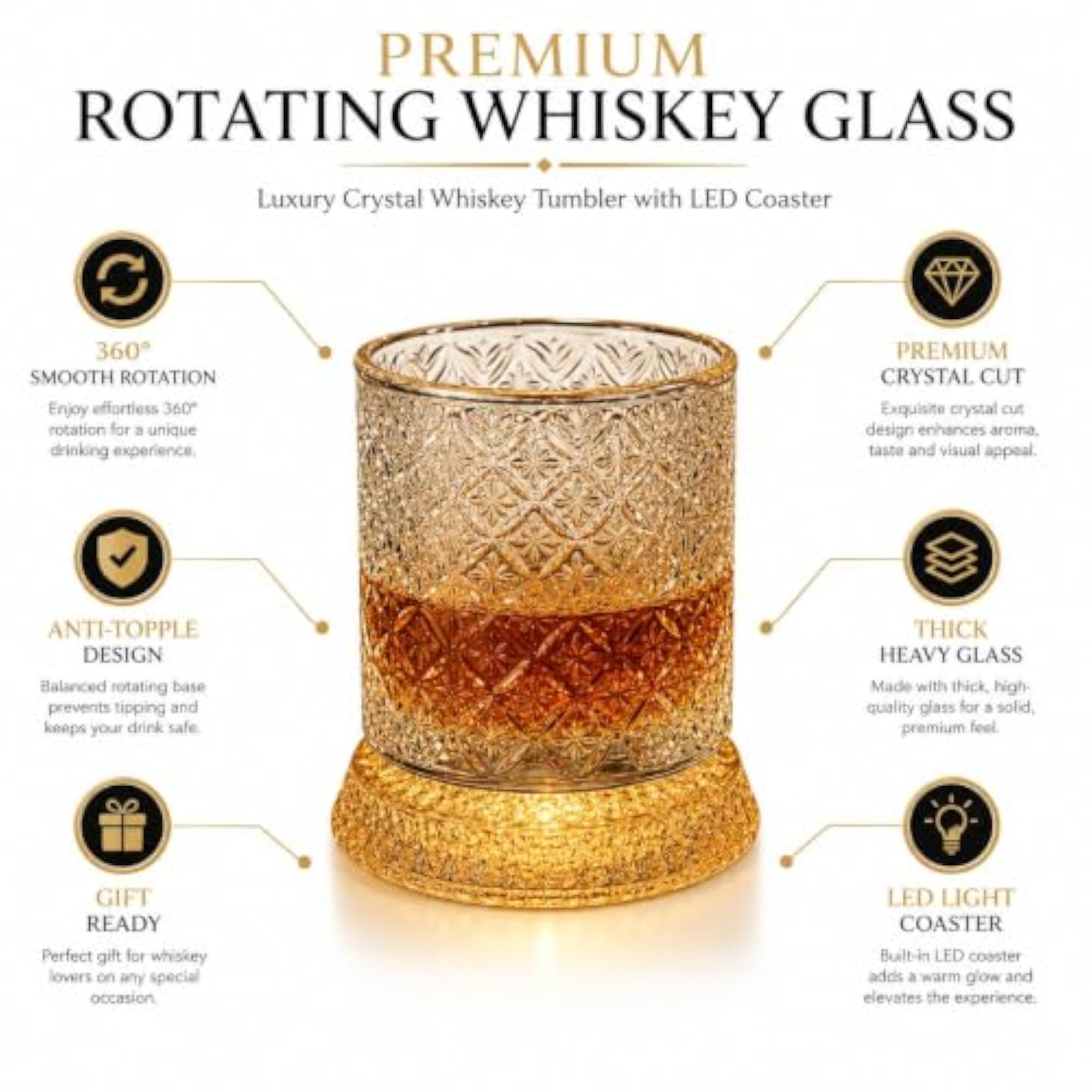 Rotating Whiskey Glass with LED Coaster, Diamond Cut Design