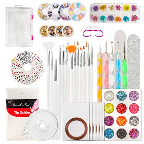 Nail Art Supplies, 124pcs DIY Nail Decoration Kit with Glitter Rhinestones, Striping Tape,Nail Art Brush, Nail Tip Line Sticker Decal, Dotting Pen, Nail Art Design Supplies with Gift box
