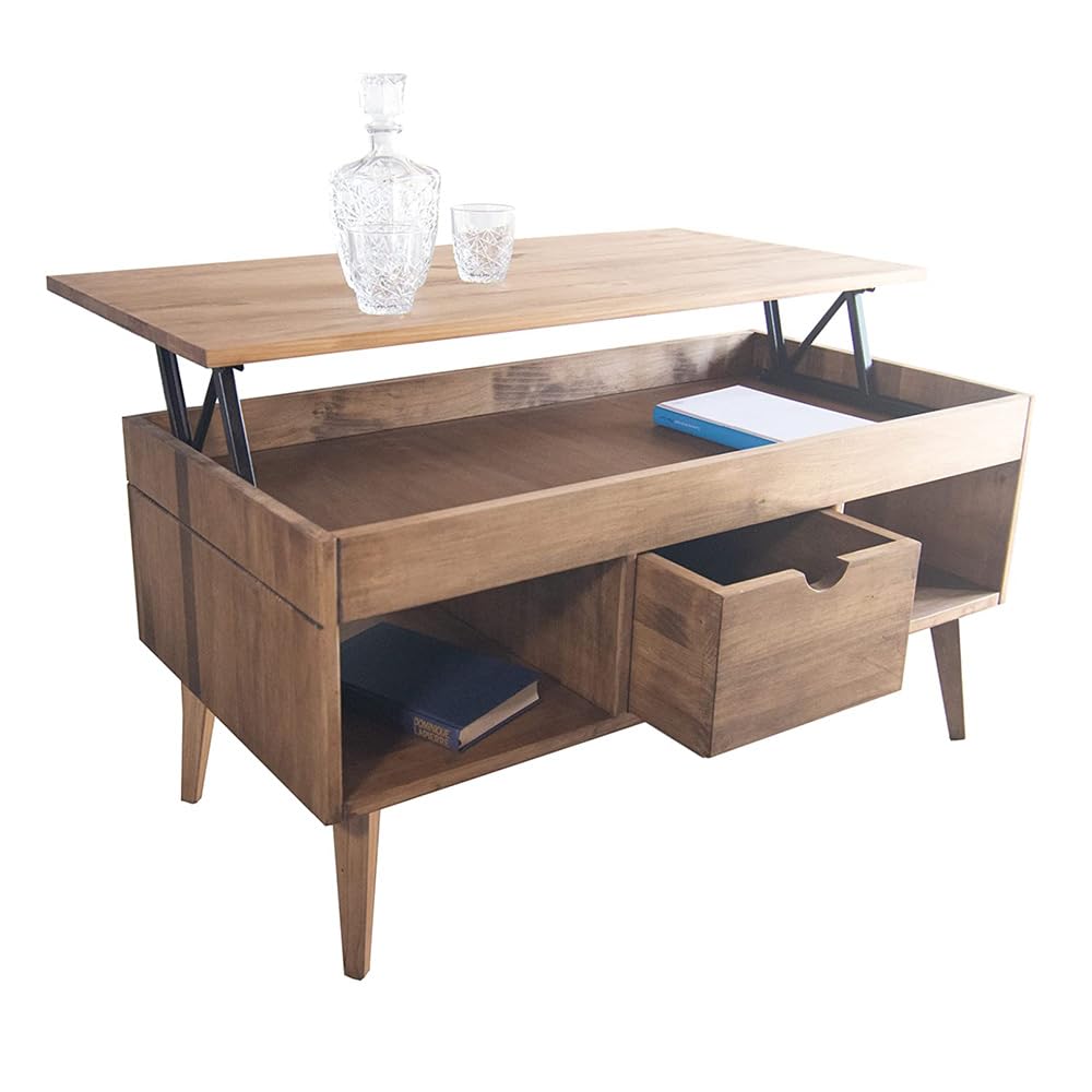 LoMasCasa - Mesa de Centro Elevable Modelo Karla con Cajón Deslizante Central, Madera Maciza de Pino Natural en Color Madera Encerada. Patas Cónicas. Medidas 100 x 50 x 47 cm