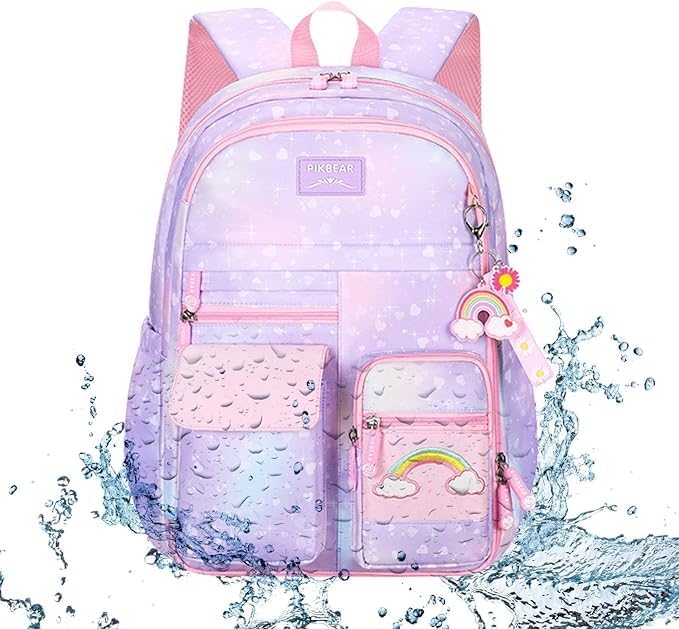Image of Girls School Backpack Cute Pink Pastel Gradient Bag with Multiple Compartments Lightweight Durable Bookbag for Kids Students (purple bag)