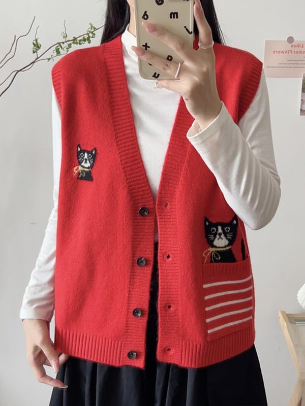 Image of CORIRESHA Girl Cute Cat Rabbit Embroidered Sweater Vest Button Sleeveless Knit Cardigan