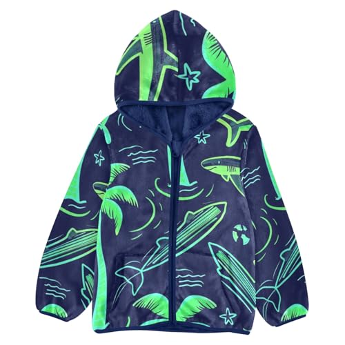 Boys Girls Fleece Jacket Green Shark and Coconut Tree Kids Warm Hooded Outwear Coat