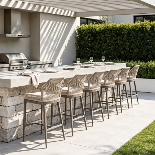 Image of PURPLE LEAF Counter Height Bar Stools Set of 2 Rattan Woven Aluminum Modern Barstools with Back and Arms for Patio Balcony Pool Outdoor Accent Counter Stool Chairs