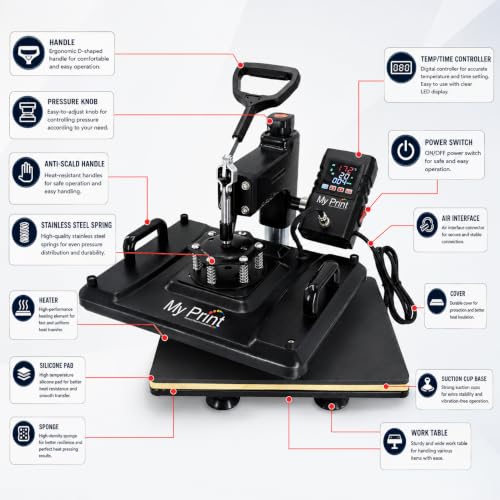 Image of MY PRINT | Heat Press 5 in 1 Digital Multi Functional | DTF PRINTING | Sublimation Printing | Vinyl Printing Machine for T-Shirts [Any Flat Product] with Cap Press, Plate Press, 11Oz Mug Press, with extra Mug Attachment | 12x15 Inch | For Business Supplies [Teflon Attached] (New Arrival 5in1)